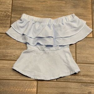 Misguided blue and white striped off-the-shoulder crop top